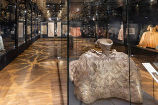 wide angle view of a room with a long gown in a display case in the front right