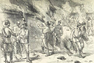 Black and white image of men in period military costume setting fire to buildings