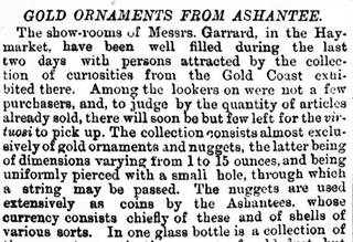 Image of newspaper article about 'gold ornaments from the Ashantee'