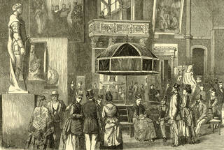 Black and white print of people i period clothing ina. room with a central canopy