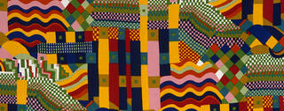 Brightly coloured bauhaus pattern consisting of different shapes in a rainbow of colours