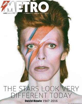 Front cover of the Metro newspaper commemorating Bowie’s death 