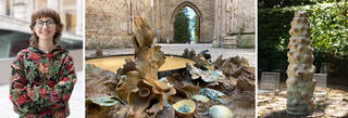 Portrait of Emily Stapleton-Jefferis smiling with arms folded. Documentation of ceramic artworks that look like organic forms of funghi or moss. 