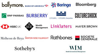 Logos for Ballymore, Bank of America, Baringa, Bloomberg, BNP Paribas, Burberry, Citadel, CultureShock, HSBC UK, LGT Wealth Management, Linklaters, Mayer Brown, Mishcon de Reya, Norton Rose Fulbright, Rathbones, Societe Generale, Sothebys, W1M