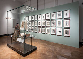 photographs on wall and dress in display case