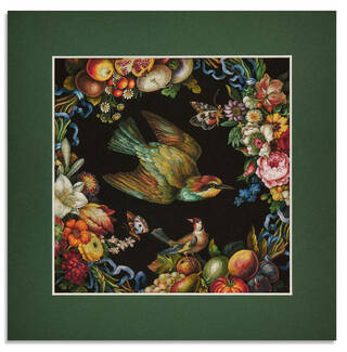 Micromosaic with birds, butterflies and fruit - 8 x 8" mounted print