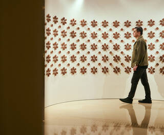 man in front of display