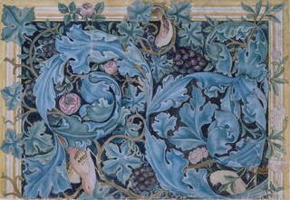 blue-toned design with acanthus leaves and roses
