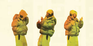 Graphic of person wearing headphones in three different poses