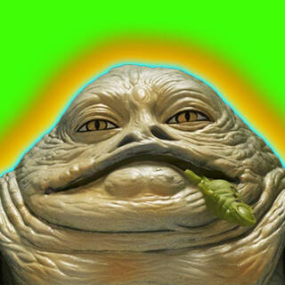 An image of Jabba Glob with a slug hanging out of his mouth set against a green background with a yellow and blue halo