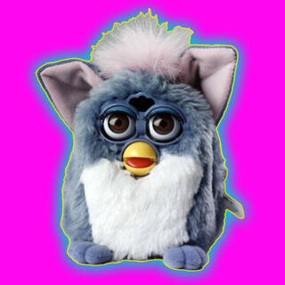 A photo of a Furby with blue and grey fur looking directly at something in the distance set against a neon pink background with a blue and yellow halo