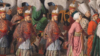 painting of lots of men wearing tradition Turkish dress walking in a crowd